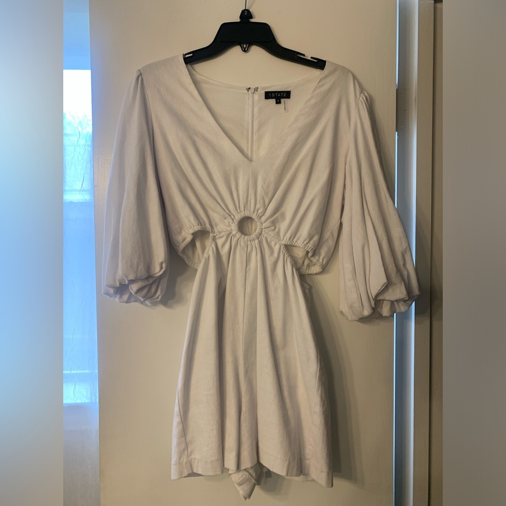 1. State White V-Neck Puff Sleeve Romper with Ring and side cutouts